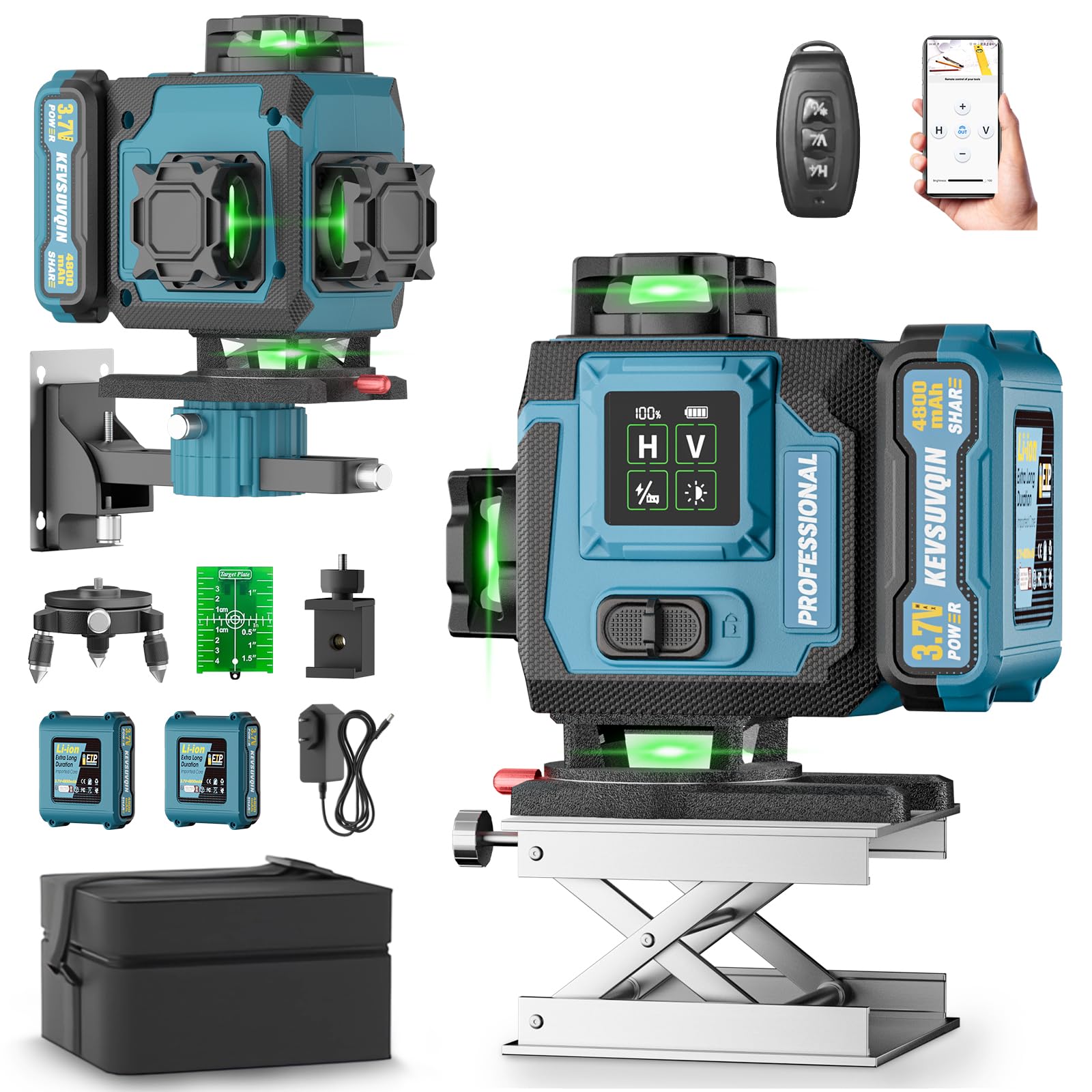 Niveau Laser 4x360°, Laser Chantier avec 2x4800mAh Batterie & Grand écran LED, 4D 16 Lignes Niveau Laser 360 Autonivelant/APP/Télécommande/IP54 Étanche et Anti-Poussière pour la construction