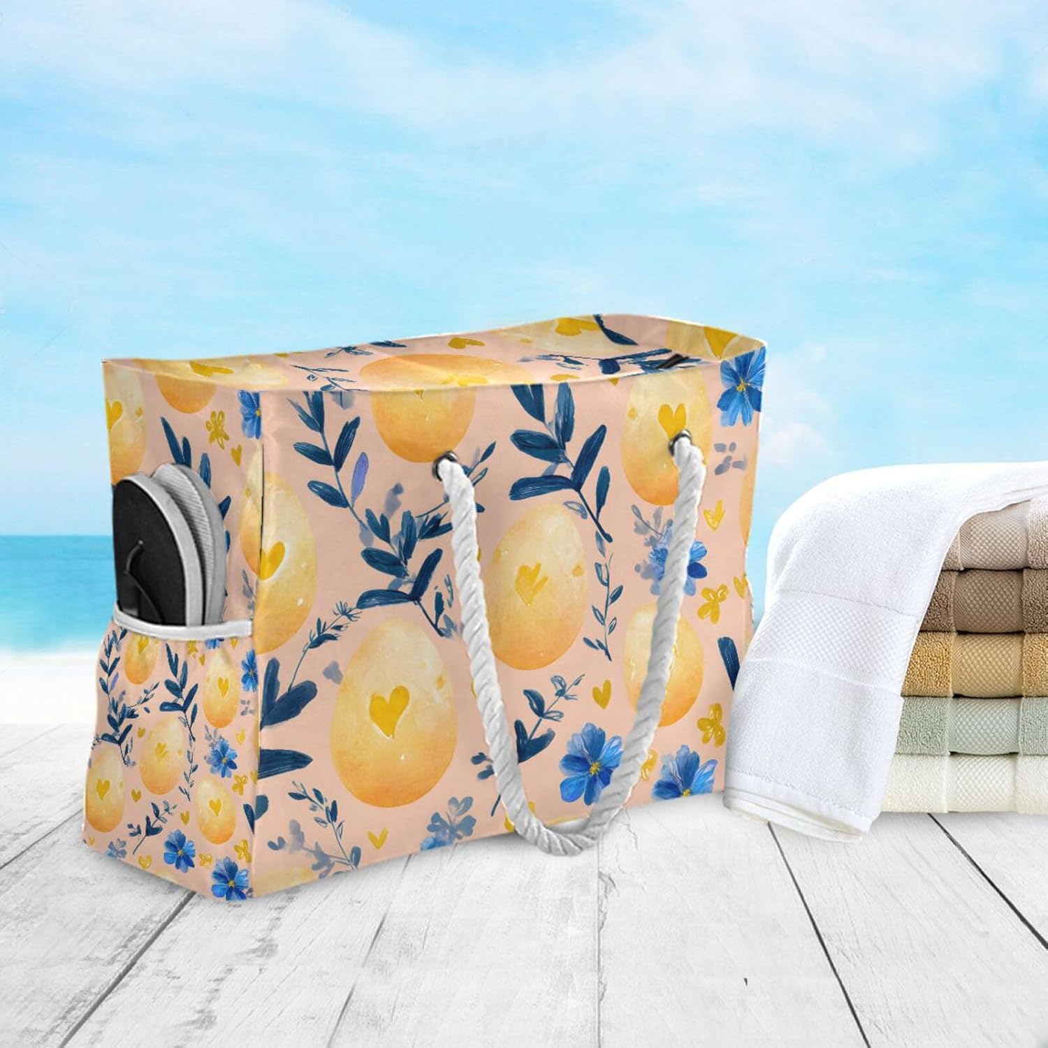 OTVEE Yellow Eggs and Blue Flowers Beach Bags for Women Ladies Large Canvas Tote Shoulder Bag Waterproof Travel Bags for Gym Swim Pool Camping