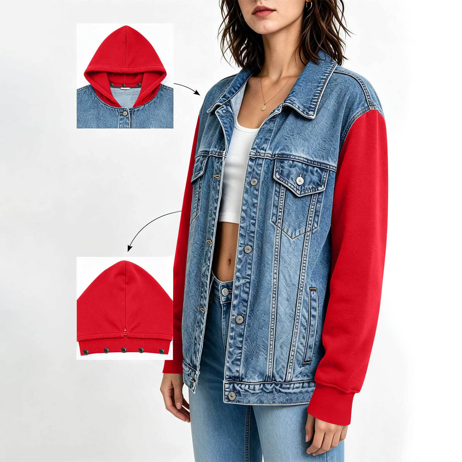 Jeansjacke Damen Übergangsjacke Kapuzenjacke Sweatjacke Damen-jacken