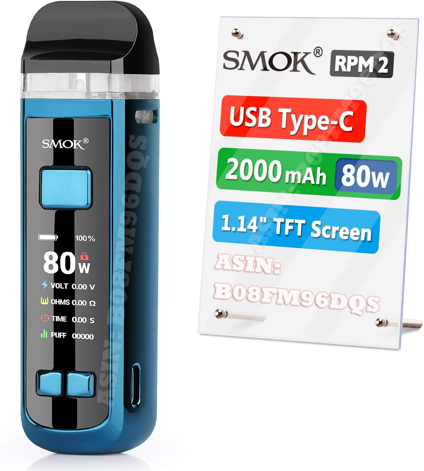Official SMOK RPM2 2000mAh 80W E Cigarette Vape Starter Kit, USB Type-C Fast Charging ecig, Large 1.14" TFT Screen, 2X Pods 2ml, Mesh 0.16ohm & 0.4ohm, Real Pod Mod, No Nicotine - Prism Blue