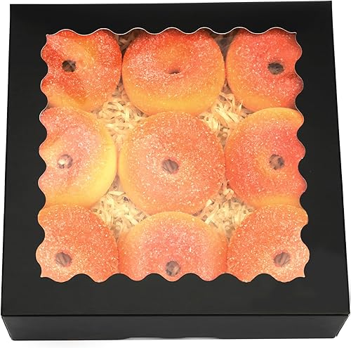 qiqee Cajas de panadería negras autoemergentes, 50 paquetes, cajas de pastelería de 8 x 8 x 2.5 pulgadas con ventana
