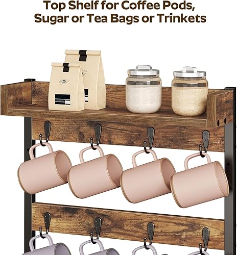 Miniatura 3 de Soporte para taza de café, estante para árbol de 3 niveles, para colgar 12 tazas, con estante superior, para cocina, comedor, sala de estar,