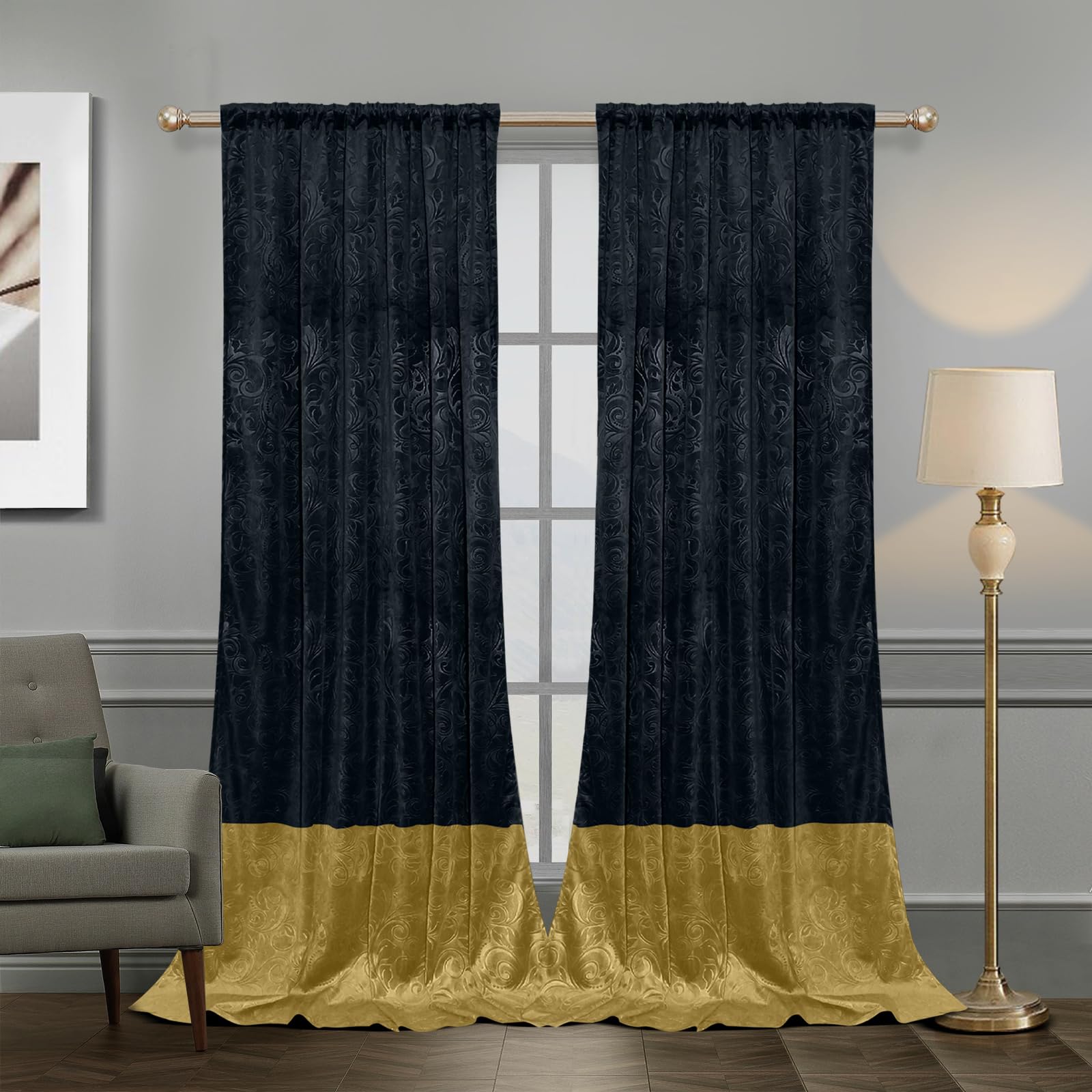 Samtvorhang Kräuselband 2er Set, H274xB132CM 260gsm Samt Verdunklungsvorhänge mit Blumenprägung, Multifunktionsband Blickdicht Gardinen Velvet für Wohnzimmer, Schlafzimmer(Schwarz und Gold)
