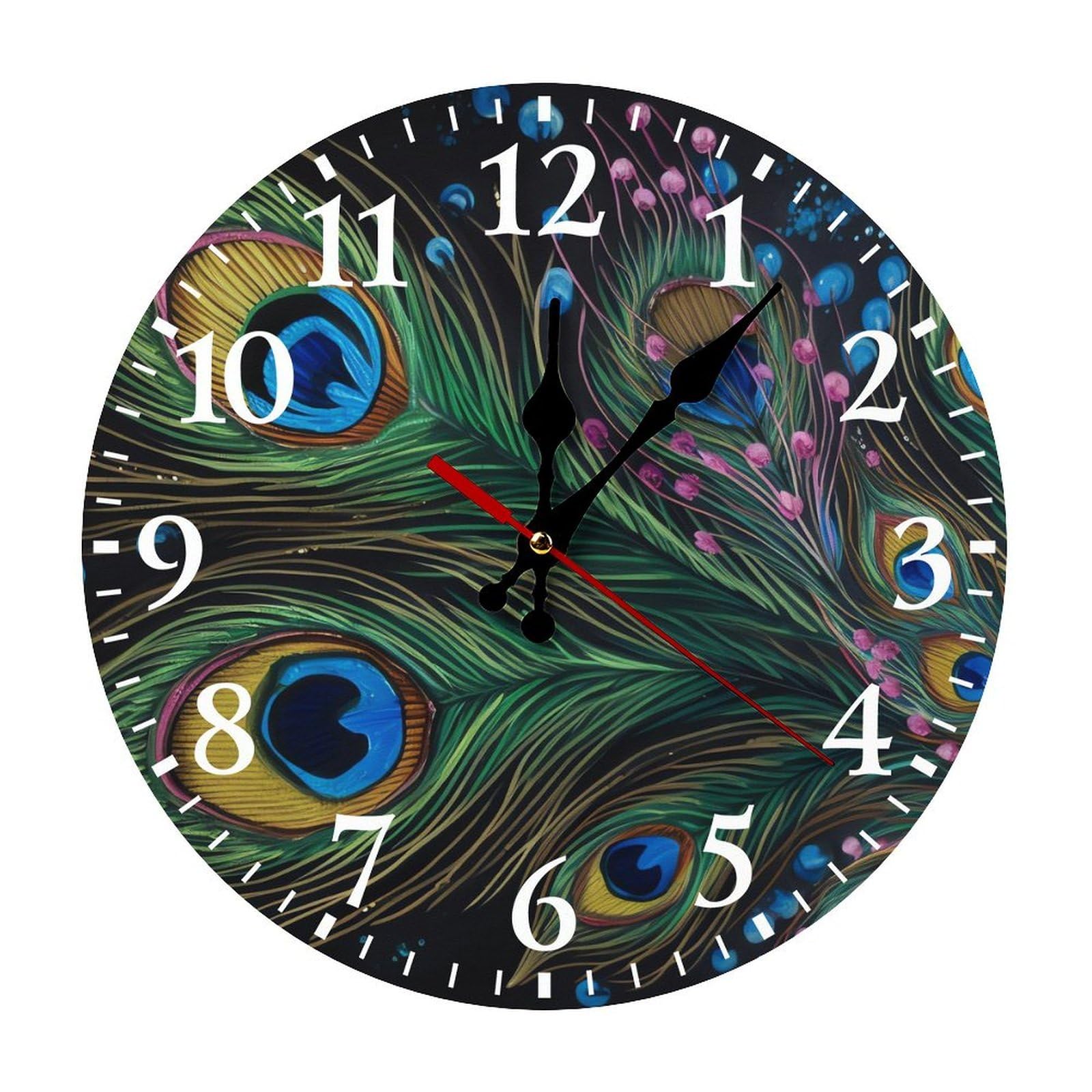 NTVOWPZO 10 Inch Wall Clock Peacock Feather Battery Operated Wall Clocks Silent Non-Ticking Round Wall Clock for Living Room Kitchen Home Office Wall Decorative Clock
