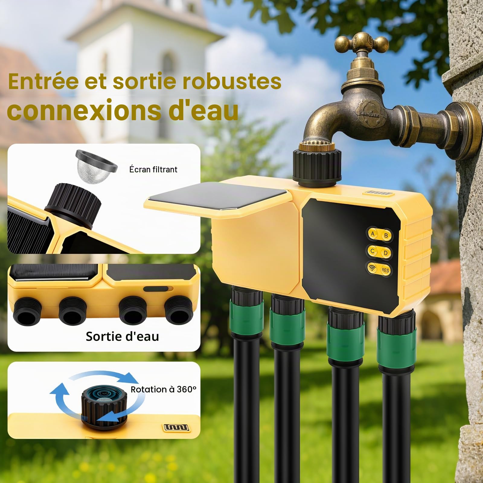 Programmateur Arrosage Automatique WiFi 4 Voies,Contrôleur d'Irrigation à Distance WiFi Solaire avec Retard de Pluie Arrosage Manuel,pour Jardin,Serre,Pelouse