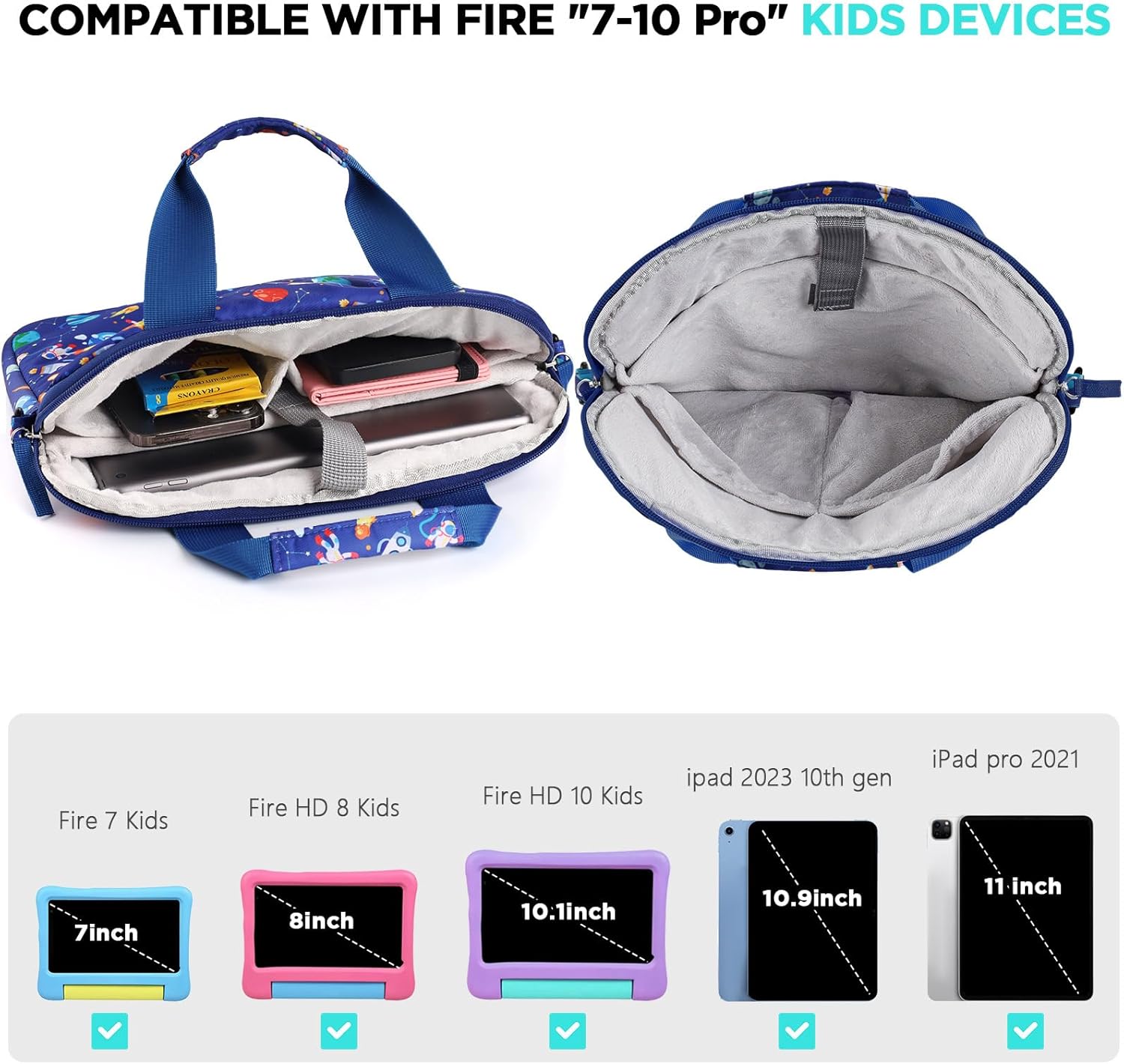 Kids Tablet Bag for Boys, Kids Tablet Carrying Case for Fire HD 10, HD 8, Fire 7 Sleeve Bag Kid Kindle Bag, iPad Bag for Kid, Space Blue