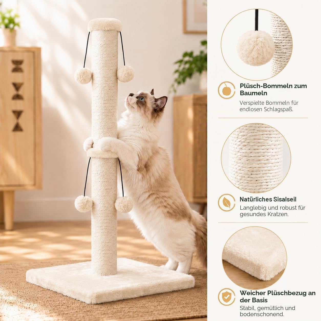 Dimaka Kratzbaum für Katzen, 73 cm, natürliches Sisalseil, Kratzbaum mit 4 Spielbällen für große Katzen, Beige