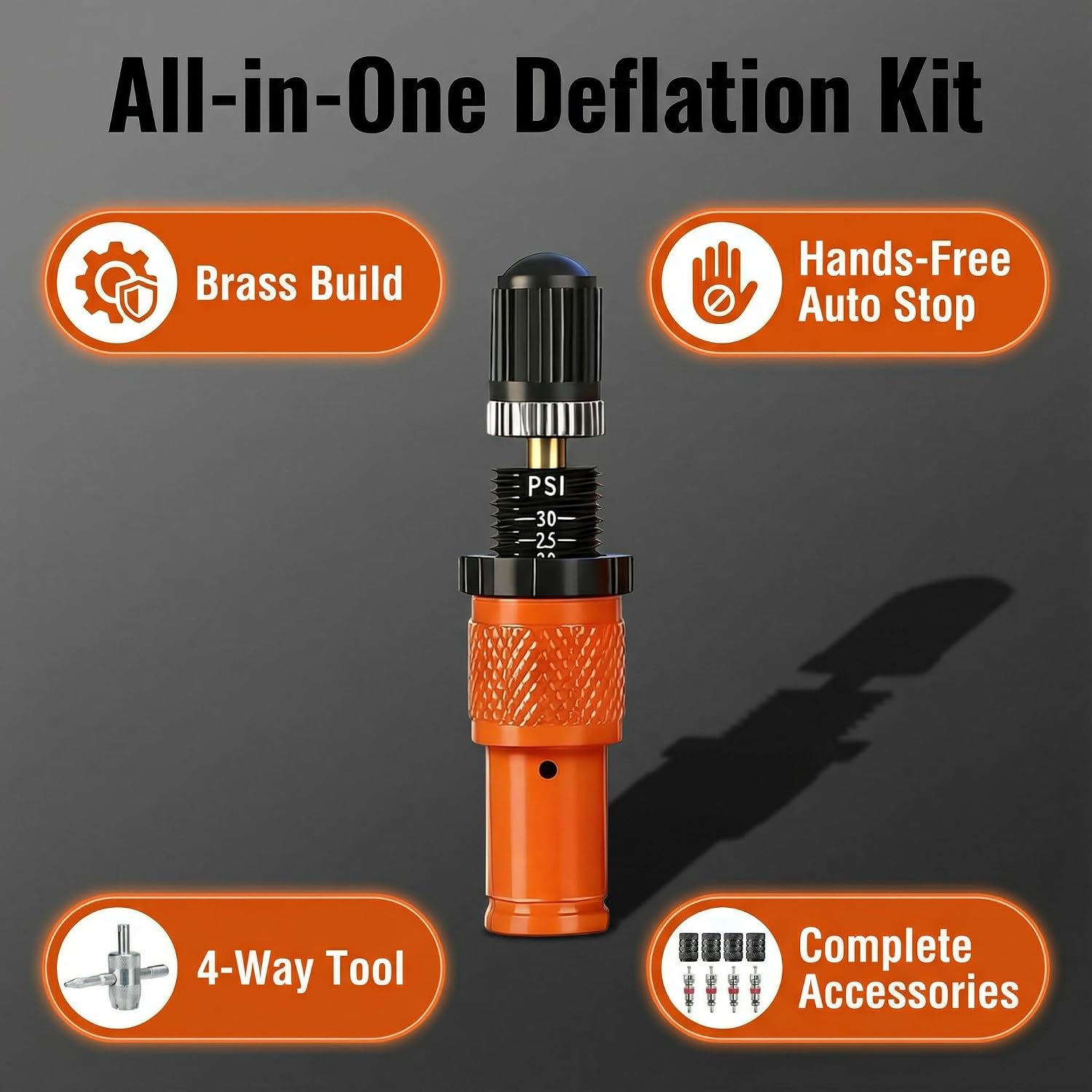 SUVCARMPING Adjustable Auto-Stop Tire Deflator Valve Kit (10-30 PSI) 4 PCS Screw-on Tyre Air Down Tool for Offroad 4x4, Orange