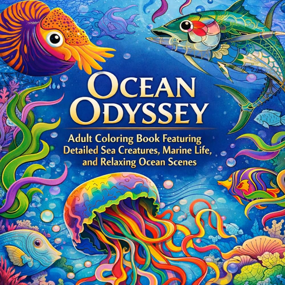Ocean Odyssey Adult Coloring Book Featuring Detailed Sea Creatures, Marine Life, and Relaxing Ocean Scenes