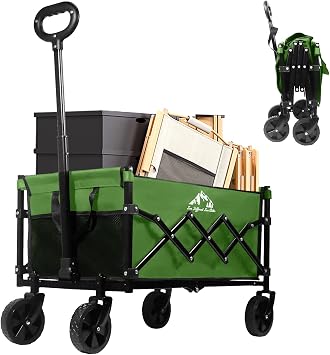 Collapsible Wagon Folding Utility Cart, Beach Wagon 352LBS Heavy-Duty with Adjustable Handles, 5" Quiet Swivel Wheels, Lightweight 11lbs for Groceries, Camping, Moving, Green