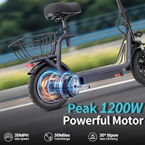 Miniatura 19 de Caroma Peak - Patinete eléctrico de 500 W/800 W/1200 W con asiento, neumático de 14 pulgadas, hasta 30 millas y 20 MPH, carga máxima de 300 libras