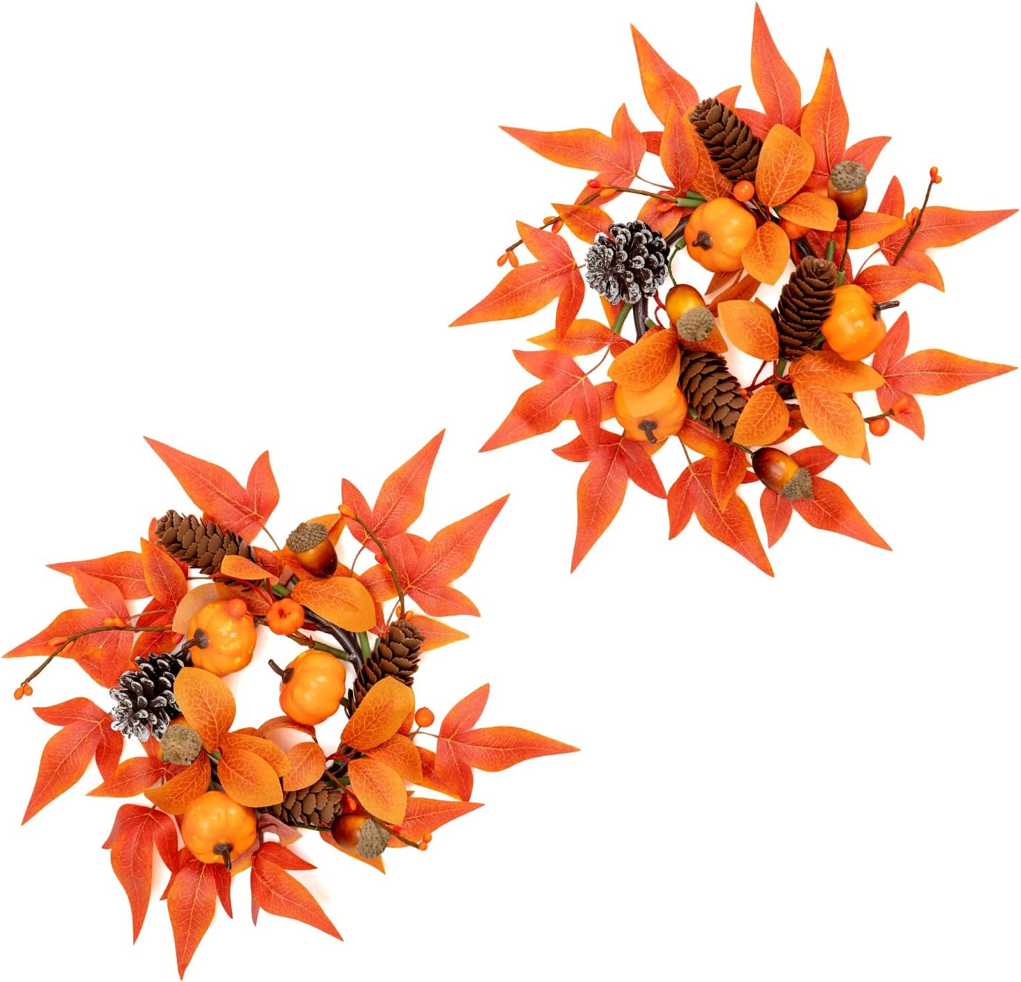 WELL KNOWN 2 Pcs Mini Fall Orange Pumpkin & Maple Candle Rings Wreath for Pillars Home Table Window Hanging Decor, 9" Artificial Flower Cabinet Wreath for Kitchen Farmhouse Wedding Party & Gift