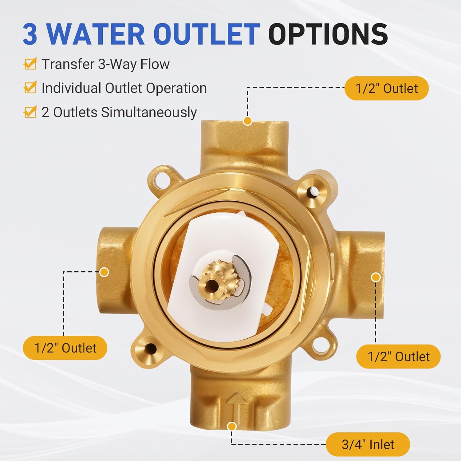 728-K-NA 3/4" 2- or 3-Way Transfer Valve, Replacement for Kohler MasterShower Diverter Valve, One 3/4" Inlet & Three 1/2" Outlet Connections, Single-Handle Operation