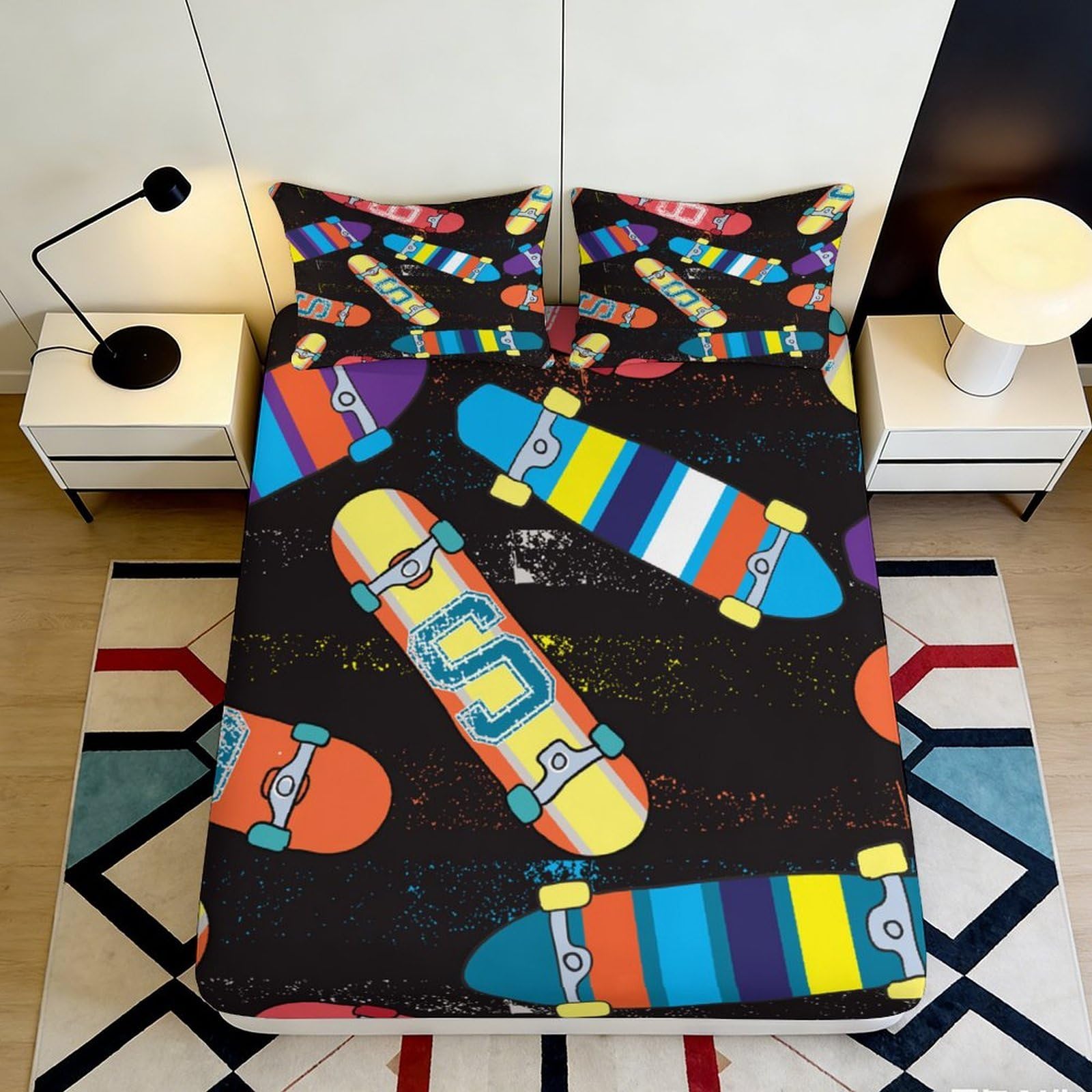 3D Printed Skateboard Graffiti Fitted Sheet Microfiber Soft Colorful Stripe Mattress Cover for Bedroom Dorm Decor 140x200x25cm