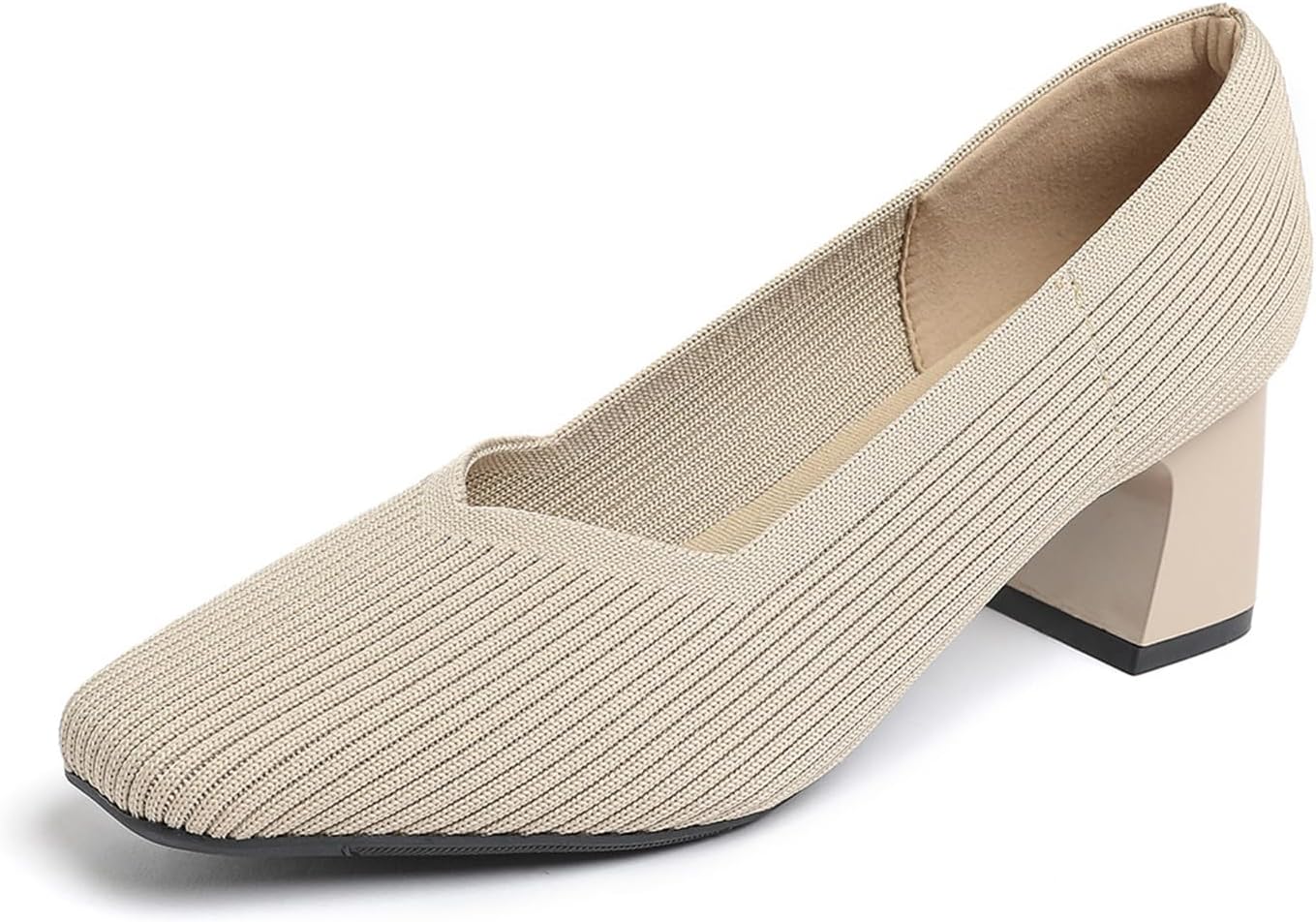 Women’s Knit Slip-On Block Heel Pumps Square Toe Breathable Low Chunky Heel Shoes Comfortable Casual Knitted Dress Shoes for Daily Office Business