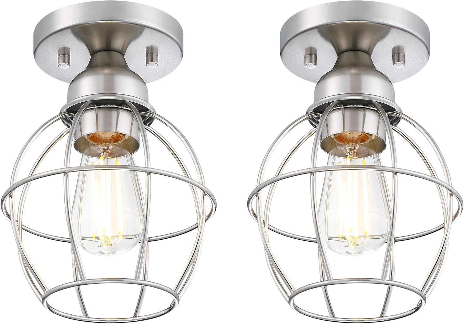 Farmhouse Ceiling Light Fixture, Vintage Semi Flush Mount Ceiling Light, Small Metal Cage Lighting Lamp for Hallway Entryway Kitchen Porch, Nickel Finish, 2-Pack