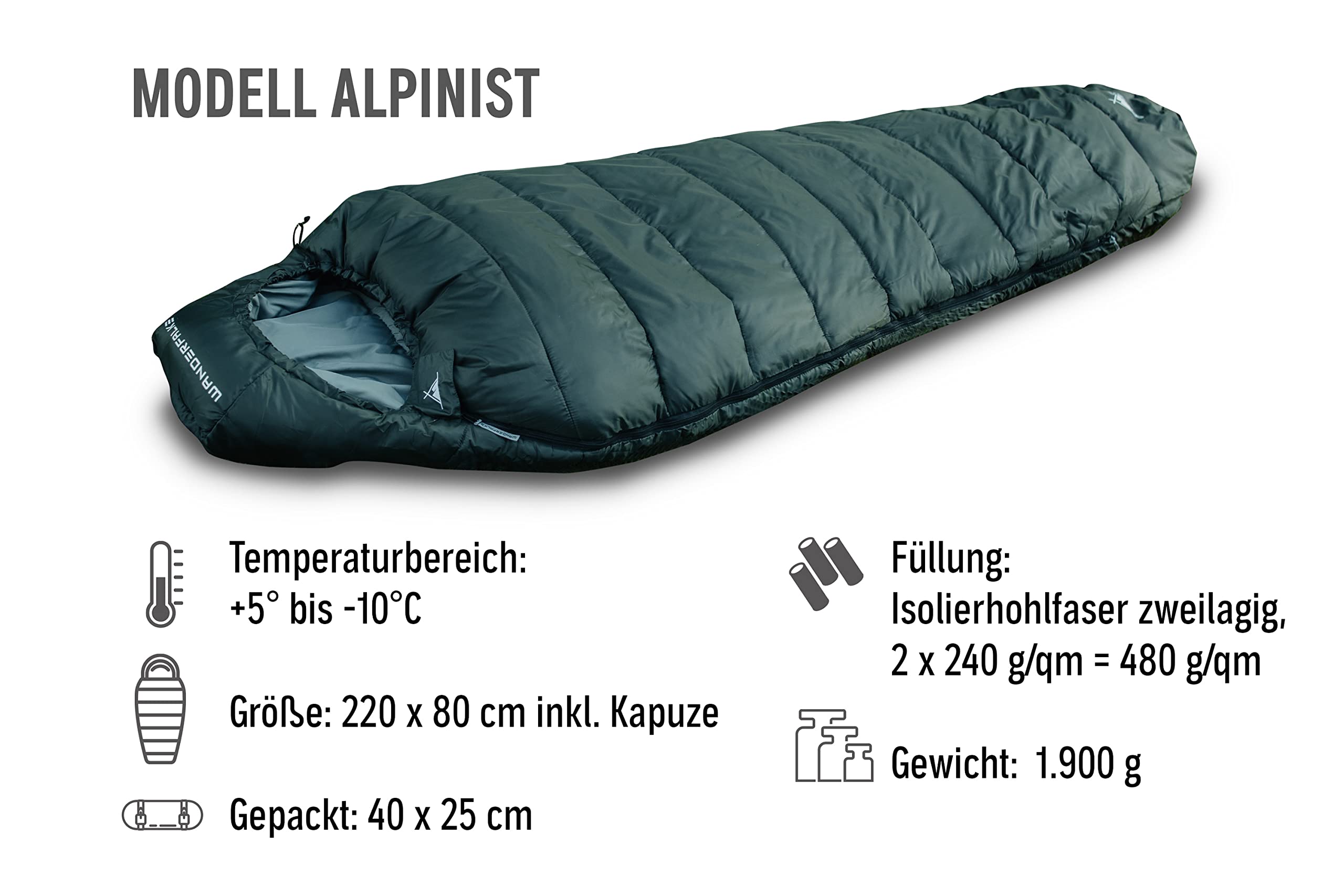 WANDERFALKE® Premium Schlafsack Erwachsene (Alpinist/Wanderer), 3-4 Jahreszeiten (480GSM) & Sommerschlafsack (200GSM) Mumienschlafsack für Outdoor, Camping & Reise