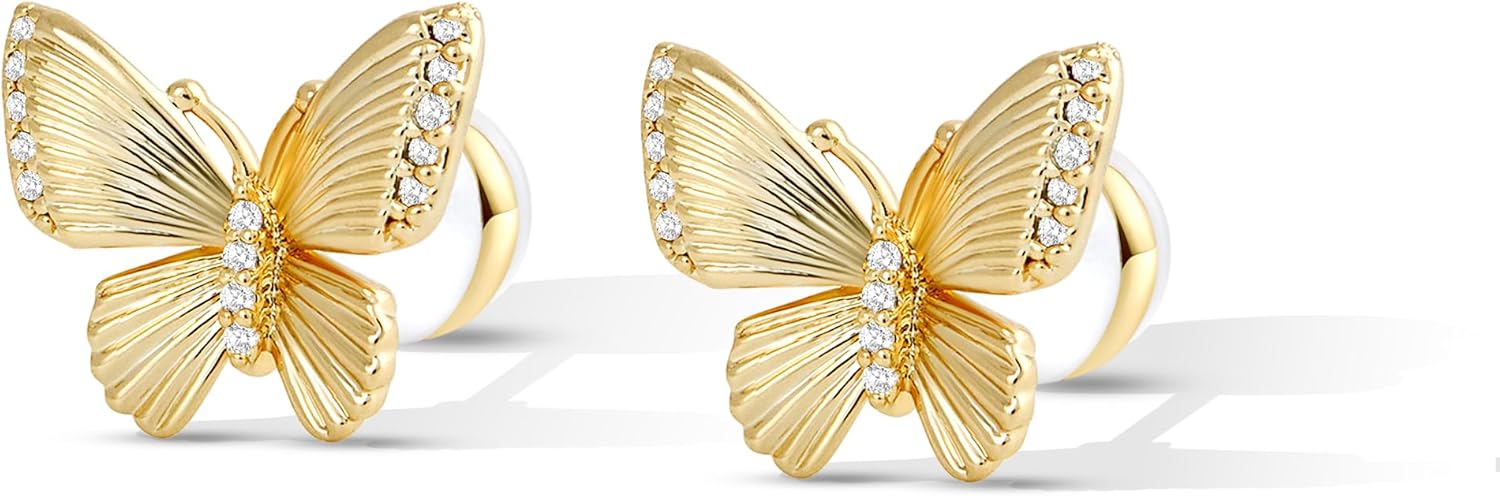 CoBi Butterfly Stud Earrings for Women,18K Gold /925 Sterling Silver Plated, Mother of Pearl & Acrylic Inlay with Cubic Zirconia Center, Ideal Gifts - Image 2