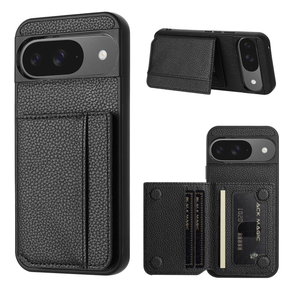 Étui portefeuille Pixel 9A noir en cuir de qualité avec support vidéo