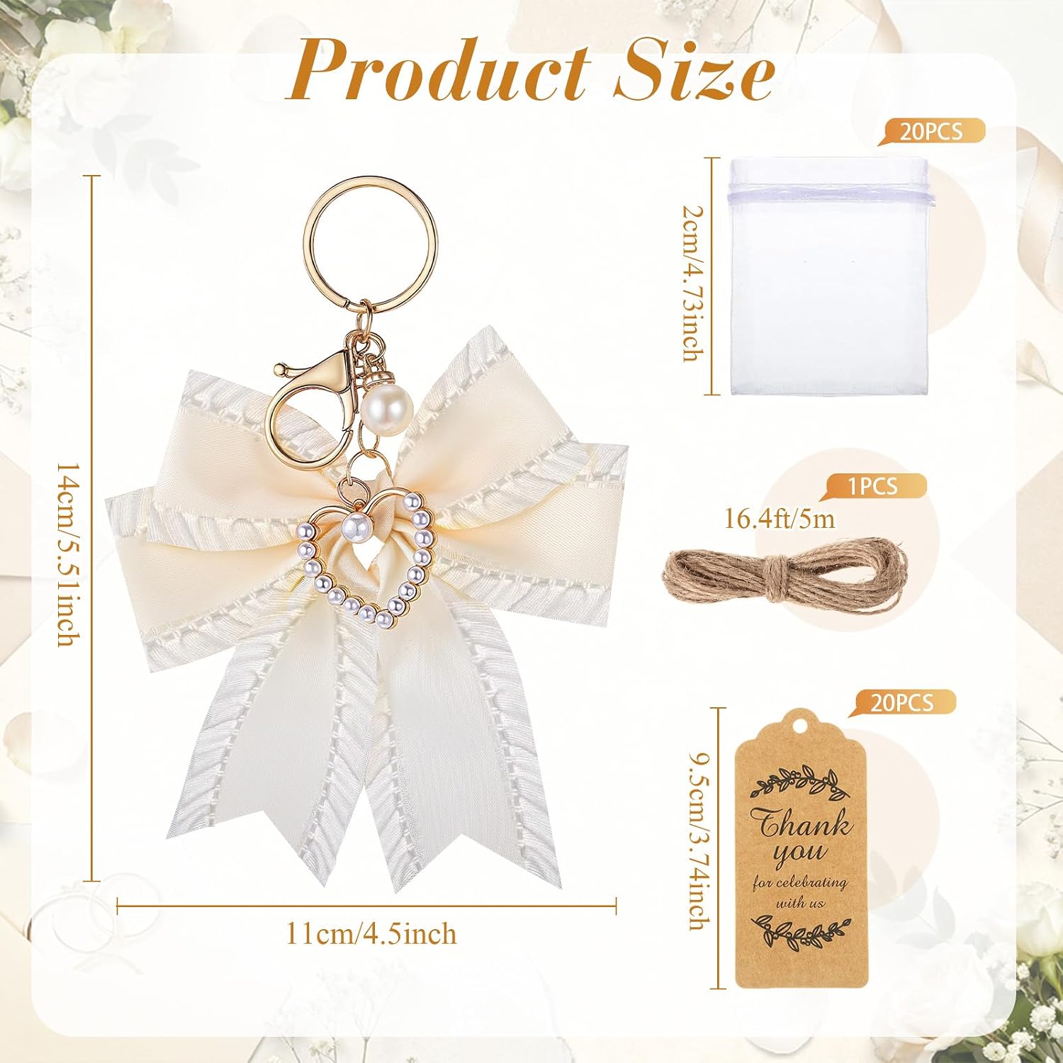 Ecation 20 Set Pearl Bow Keychain Party Favor Bulk Steel Keyring Charm Accessories Souvenir Present Kraft Tag Organza Bag for Guest Baptism Bridal Shower Valentine Coquette Wedding Gift(White)
