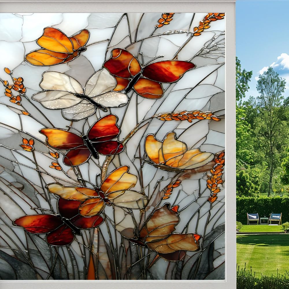 Vintage Rural Flowers Stained Glass Window Film, Autumn Fields Natural Butterflies Peel and Stick Privacy Film, Frosted Adhesive Vinyl Decorative for Bathroom Windows Glass Doors, （70x100cm）