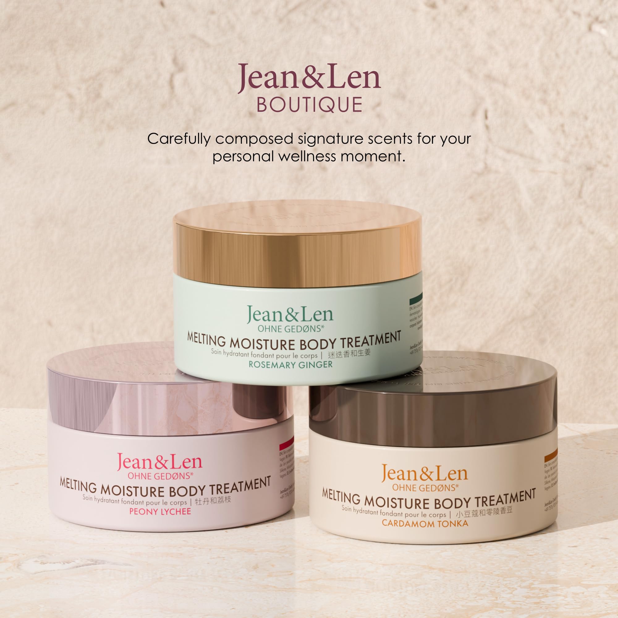 Jean & Len Melting Moisture Body Treatment Peony & Lychee, dla perfumowanych efektów pielęgnacyjnych, masło do ciała, bez parabenów i silikonów, wegańskie, 200 ml