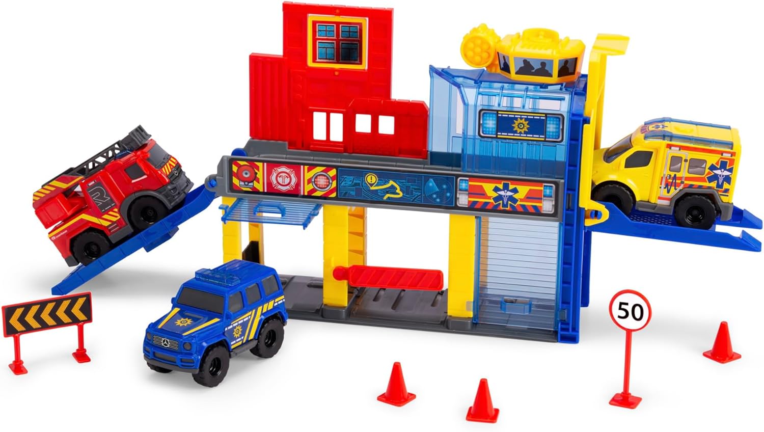 Dickie Toys 203713017 SOS Mini Rescue Station and 3 Mercedes-Benz Licensed Vehicles, Police Car, Fire Truck and Ambulance, Elevator, Descent Ramp
