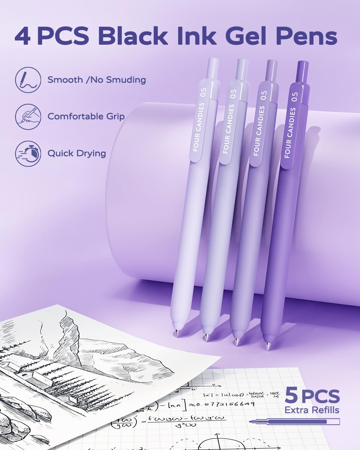 Four Candies Aesthetic School Supplies, 4 Gel Pens with Black Ink, 4 Correction Tape, 2 Pastel Highlighters, 2 Mechanical Pencils, Sticky Notes, Index Post for Back to School Supplies with Case Purple - Image 2