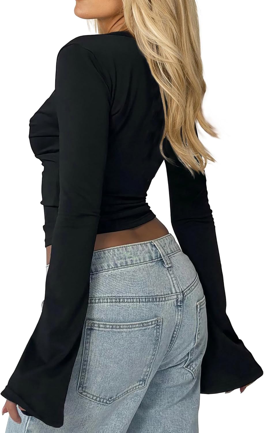 CSDAJIO Women's Lace Deep V Neck Long Sleeve Low Cut Crop Top Slim Fitted T Shirt Fall Going Out Shirts - Image 2