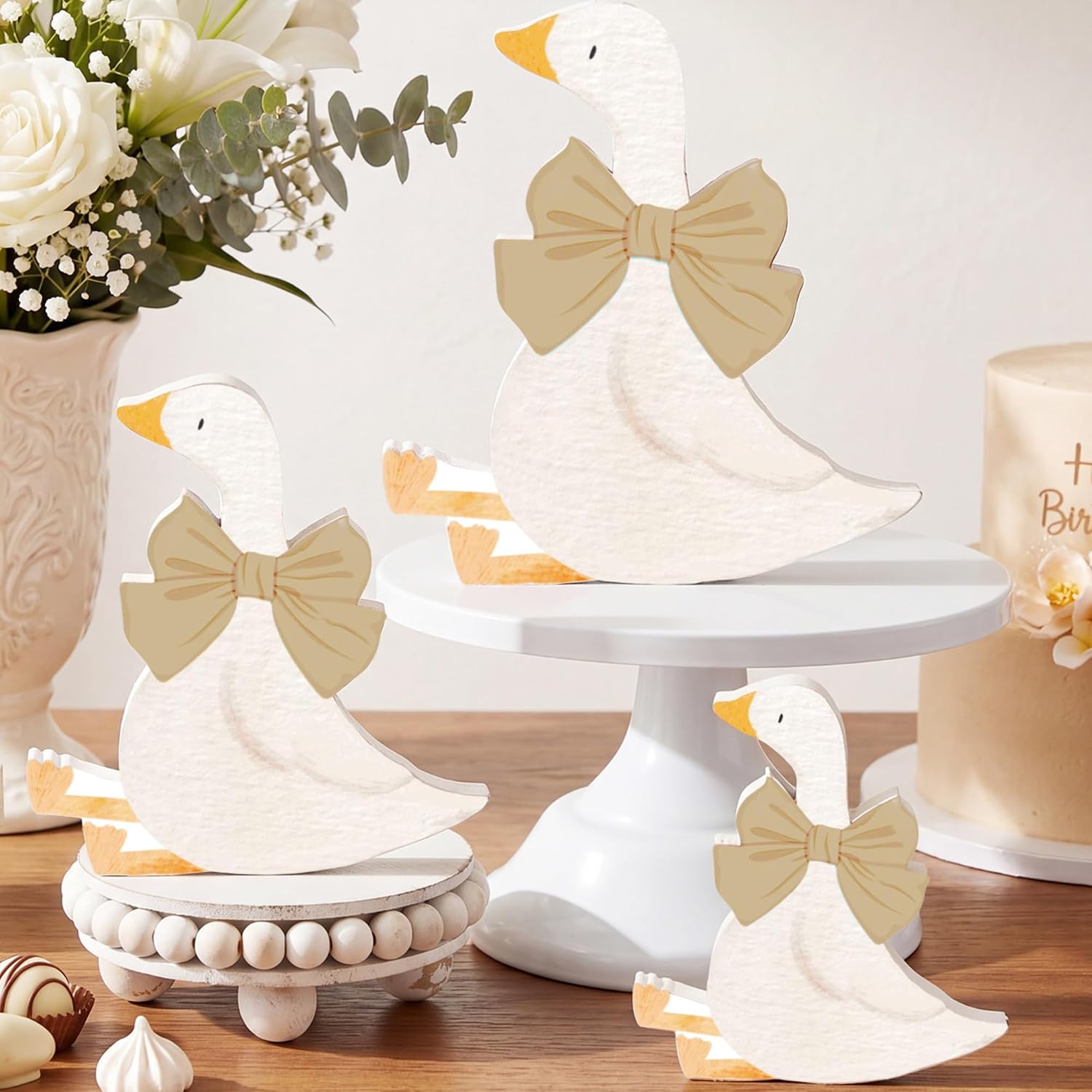 Lineshading 3 Pcs Silly Goose Birthday Party Decoration Blue Bow Wooden Silly Goose Decor Funny Table Centerpiece Gift for Party Favor Desk Tiered Tray, 5.9/4.7/3.9 Inch