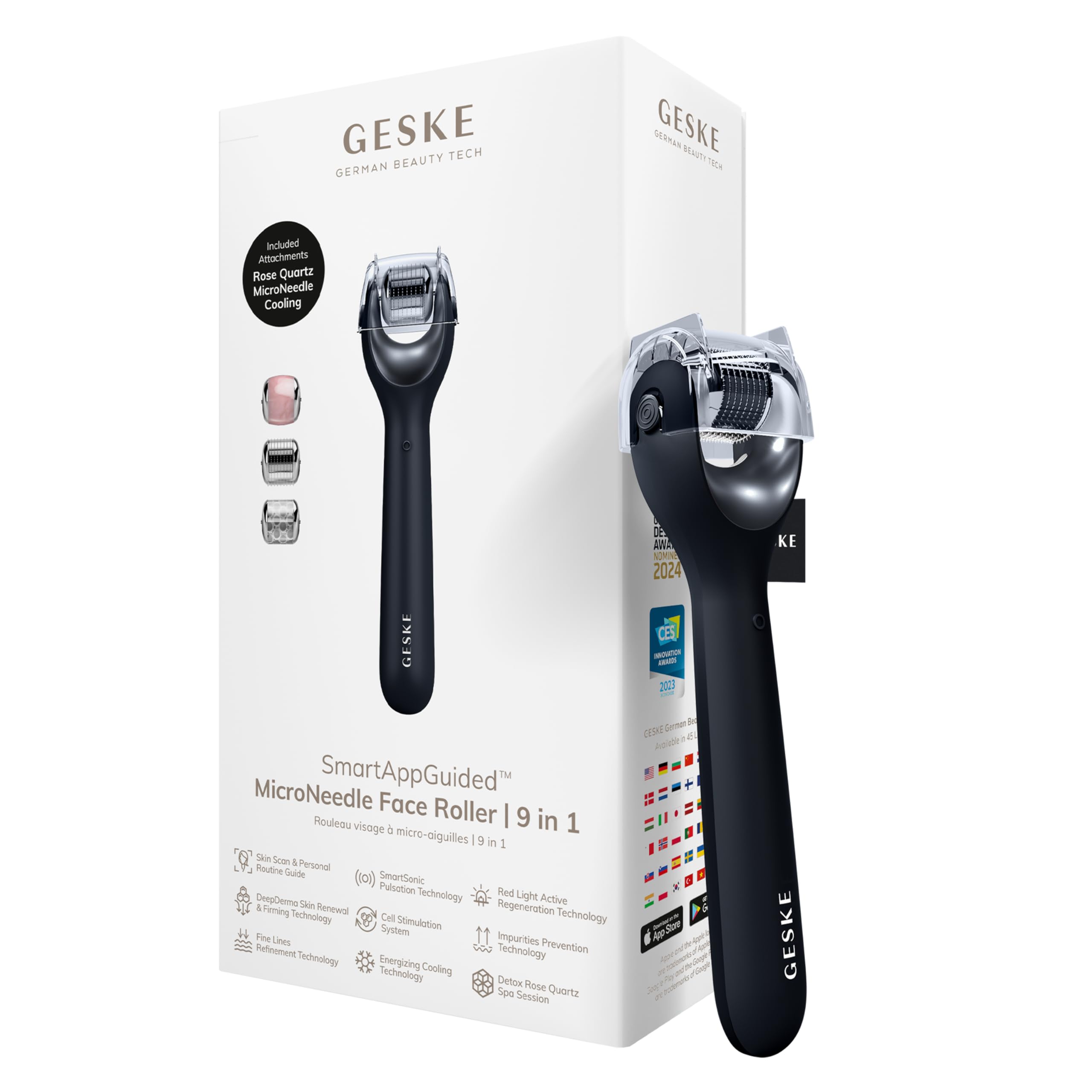 GESKE | SmartAppGuided™ MicroNeedle Face Roller | 9 en 1 | con cuarzo rosa | Microagujas | Dispositivo profesional de microagujas | Rodillo de agujas | Rodillo de belleza cara | rodillo de microagujas