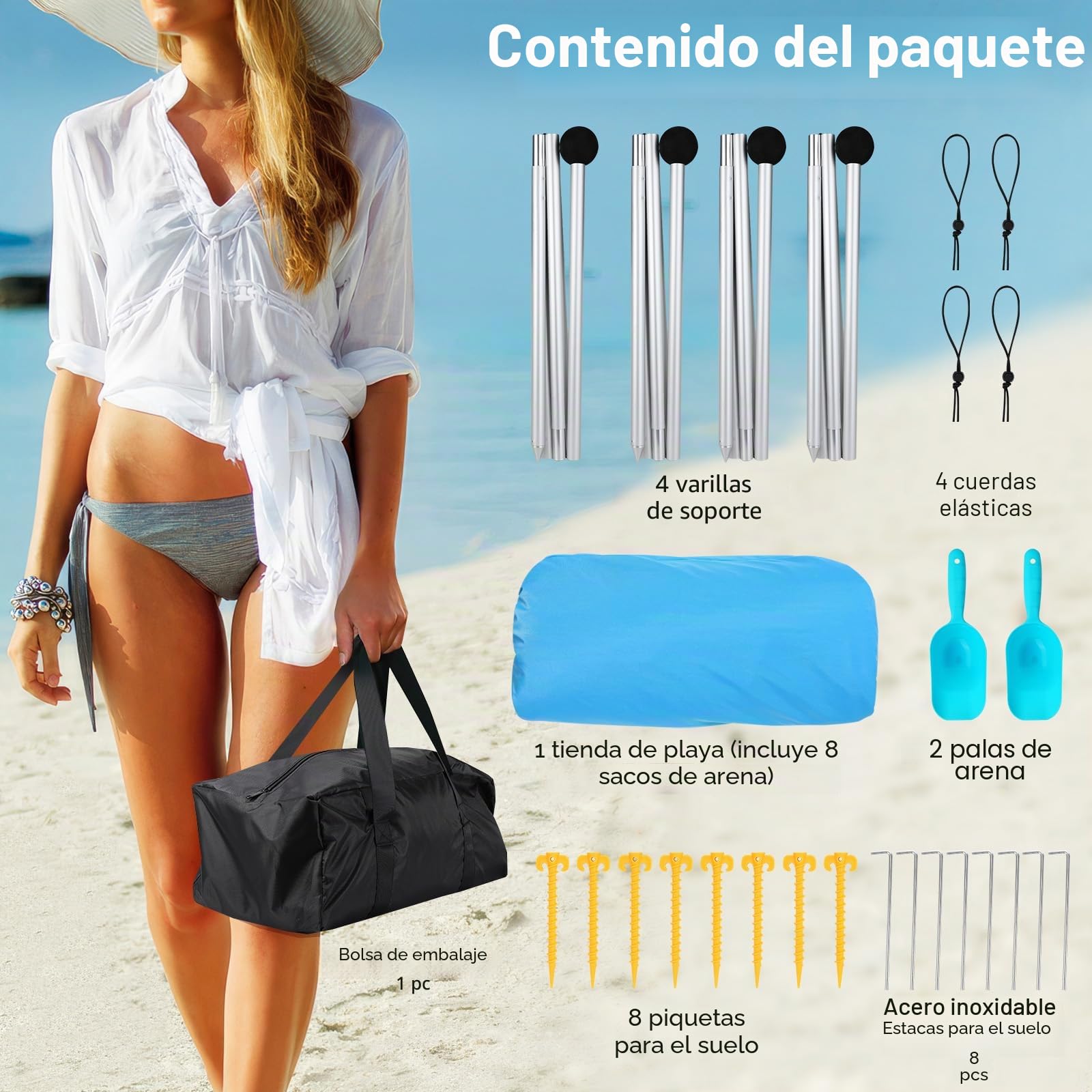 Rhino Valley Tienda de Playa Plegable, Toldo de Playa Portátil Protección UV UPF50+ Resistente Viento con Sacos de Arena Clavijas Tierra Carpa Aire Libre Acampada