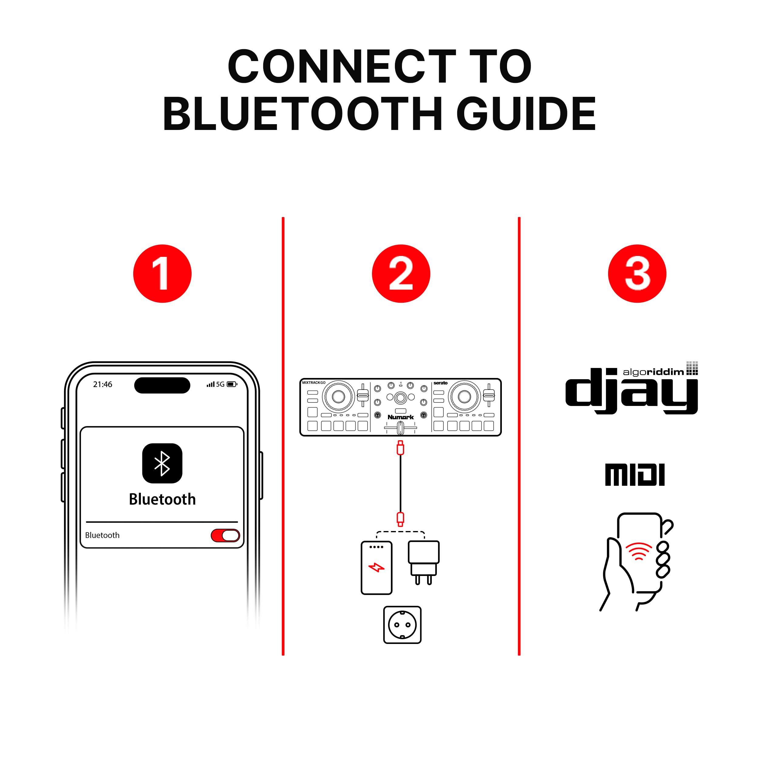 Numark MixTrack Go Kompaktowy Kontroler DJ Bluetooth z Funkcją Stems | 2-Deck Mikser DJ dla Początkujących i Mobilnych, Smart Fader, Beat Assist, USB-C, Serato DJ Lite & Algoriddim djay, Gen 4