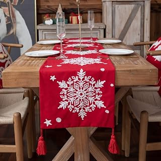 Stfery Camino de mesa de noche, camino de mesa rojo de 12 x 64 pulgadas, bordado de copo de nieve grande, algodón, comedor, cocina, sala de estar