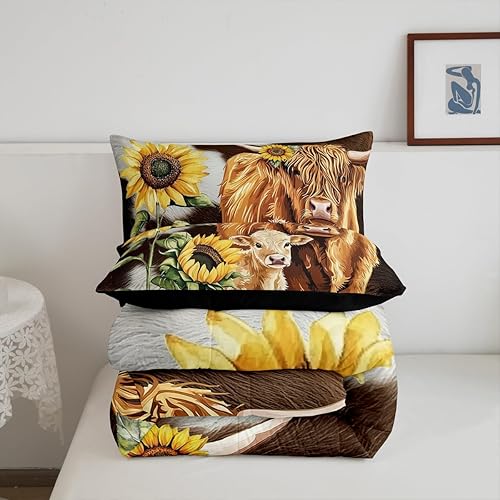Miniatura 7 de Highland Gattle Queen - Juego de edredón con estampado de vaca marrón para niños y niñas, edredón de girasol de piel de vaca occidental, relleno de