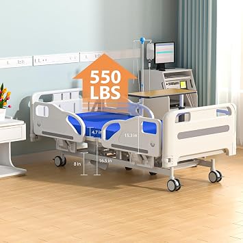 Premium Hospital Bed - 5 Function Full Electric Medical Beds, 4.7 Foam Mattress, 4 JIECANG Silent Motors, Individual Locking, 5 Casters, IV Pole, Includes (2X) Bed Sheet & Bedside Table