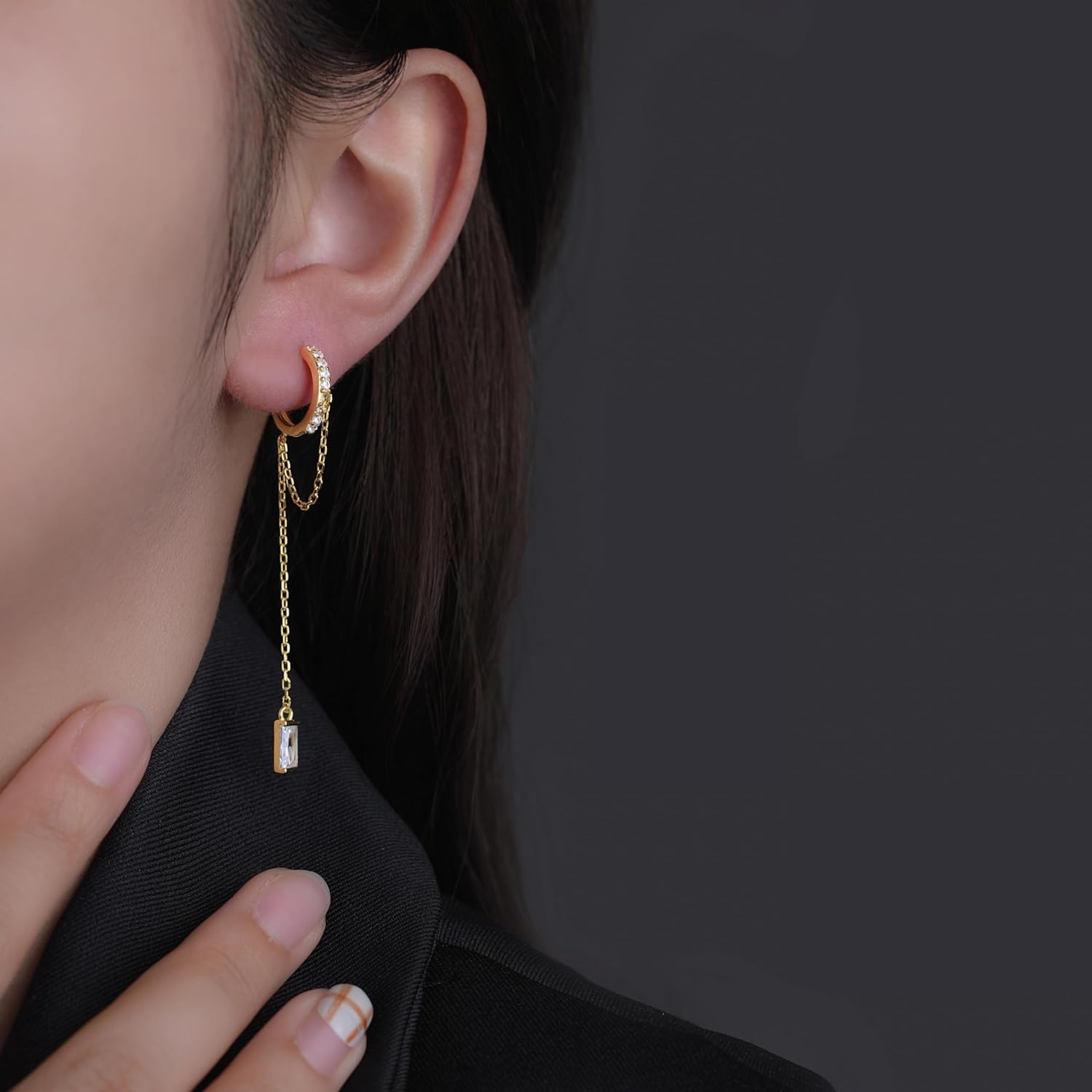 Reffeer 925 Sterling Silver CZ Chain Hoop Earrings Dangle for Women Teens Dangle Earrings Chain Drop Earrings Huggie - Image 3