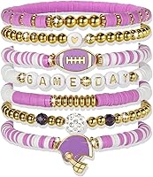 ecozran Sporty Chic Stretch Heishi Clay Bead Bracelets for Football Moms - Vibrant Red White Blue Gold Stackable 7-Piece Set
