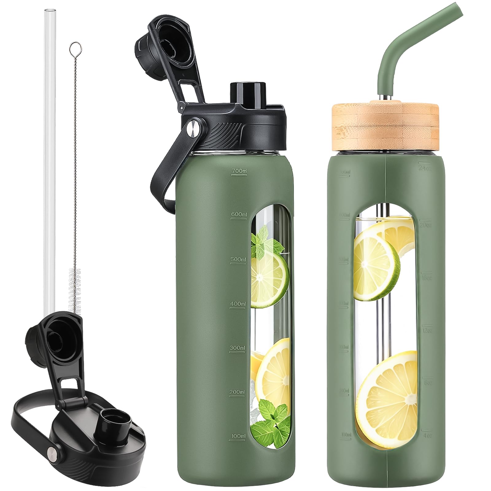 24 oz Glass Water Bottle with Straw and 2 Lids, Olive