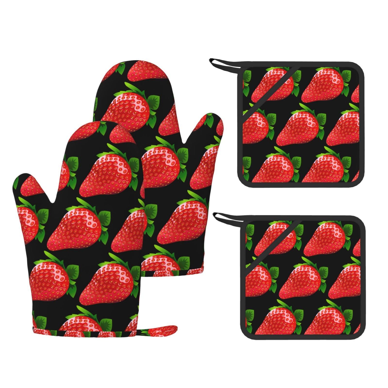 strawberry clipart Printed Cooking Mitts and Pot Holders 4 Pcs, Heat Resistant Oven Gloves with Hanging Loop Chef