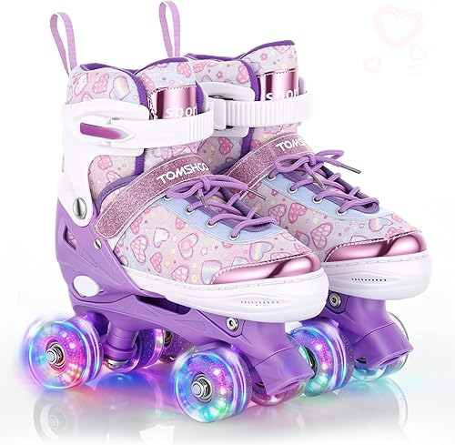 TOMSHOO Kids Roller Skates for Girls Toddlers Youth 4 Sizes Adjustable Quad Skates with Light up Wheels Children Skates for Indoor Outdoor