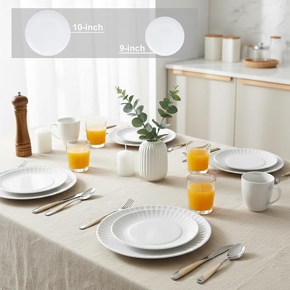 White Melamine Dinner Plates Set of 12, 10.5 Inch Lace Dish Set, Lightweight Plastic Round Plates, Scratch Resistant Kitchen Serving Dishes