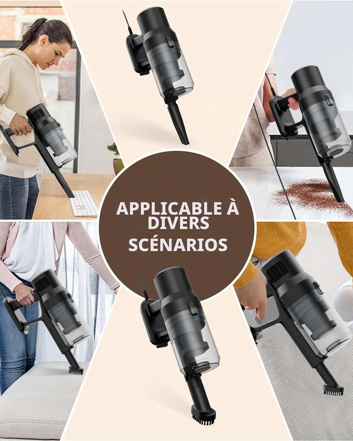 Aspirateur Balai avec Fil 600W/21Kpa, 6 en 1 Aspirateur Balai Filaire, Cable de 5 m, Filtre HEPA, 1.2 L Capacité, Léger Portable pour Durs, Sols, Poils d'animau