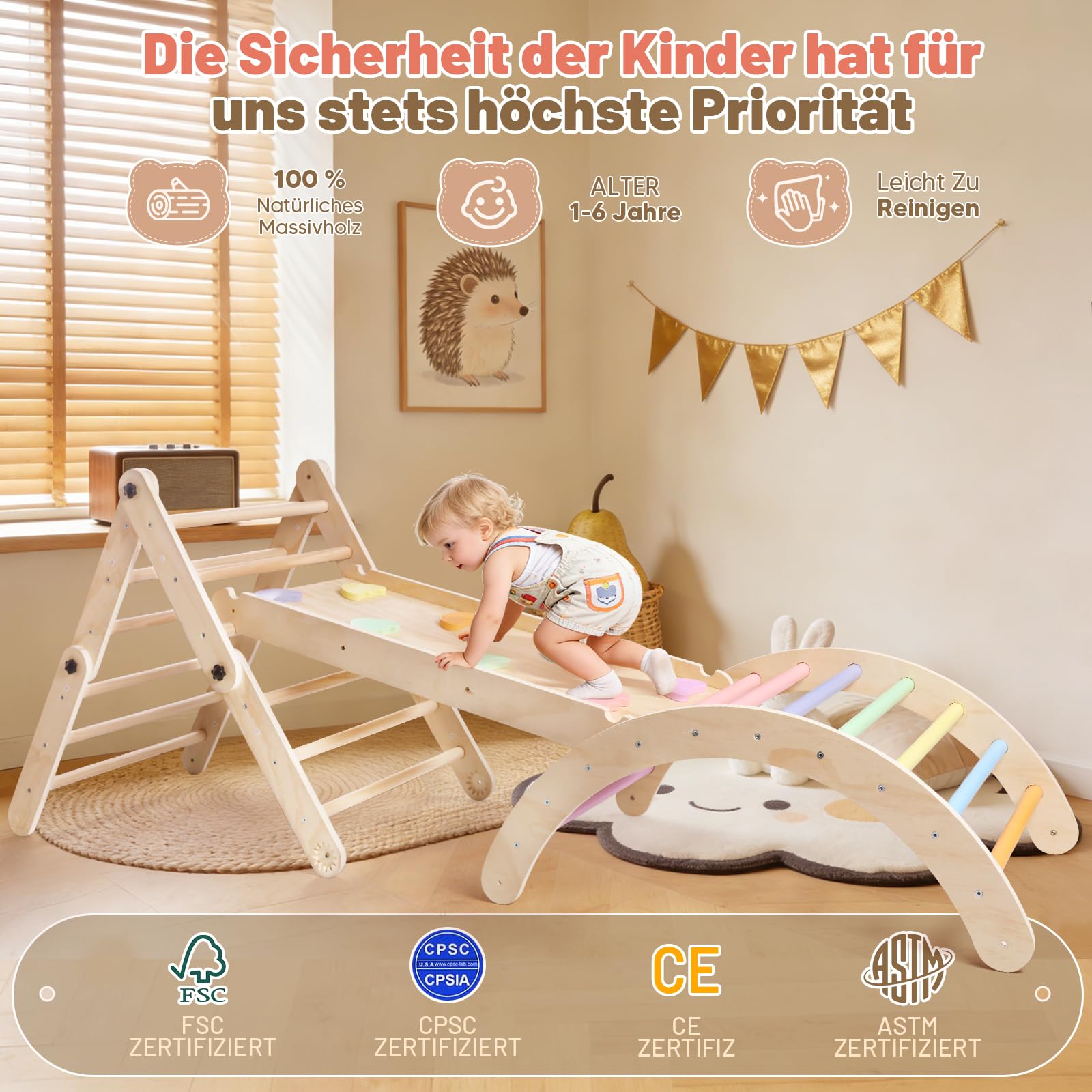 Montessori Indoor Spielset, 8-in-1 Verformbares Kletterdreieck ab 1 Jahr, Multifunktional klettergerüst Indoor mit Kletterbogen mit Kissen, Rutsche, Reißbrett, Spielplatz aus Natur Holz