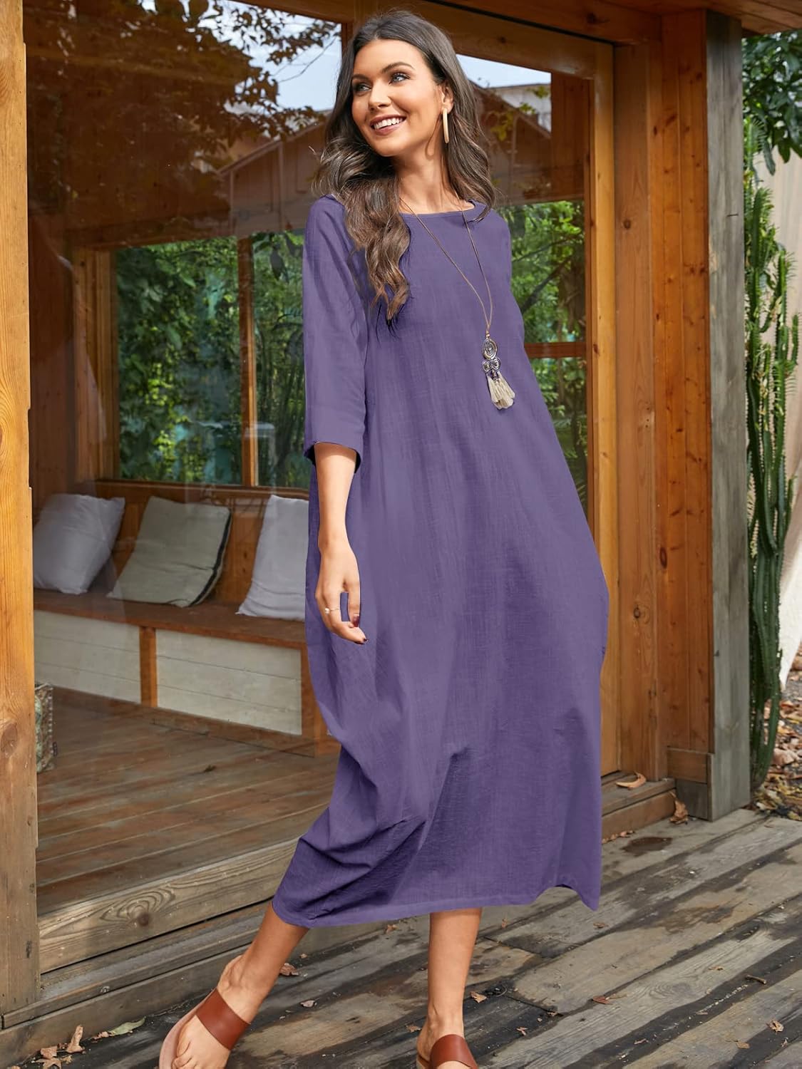 Celmia Autumn Solid Loose Long Maxi Dress Cotton Caftan - Image 3