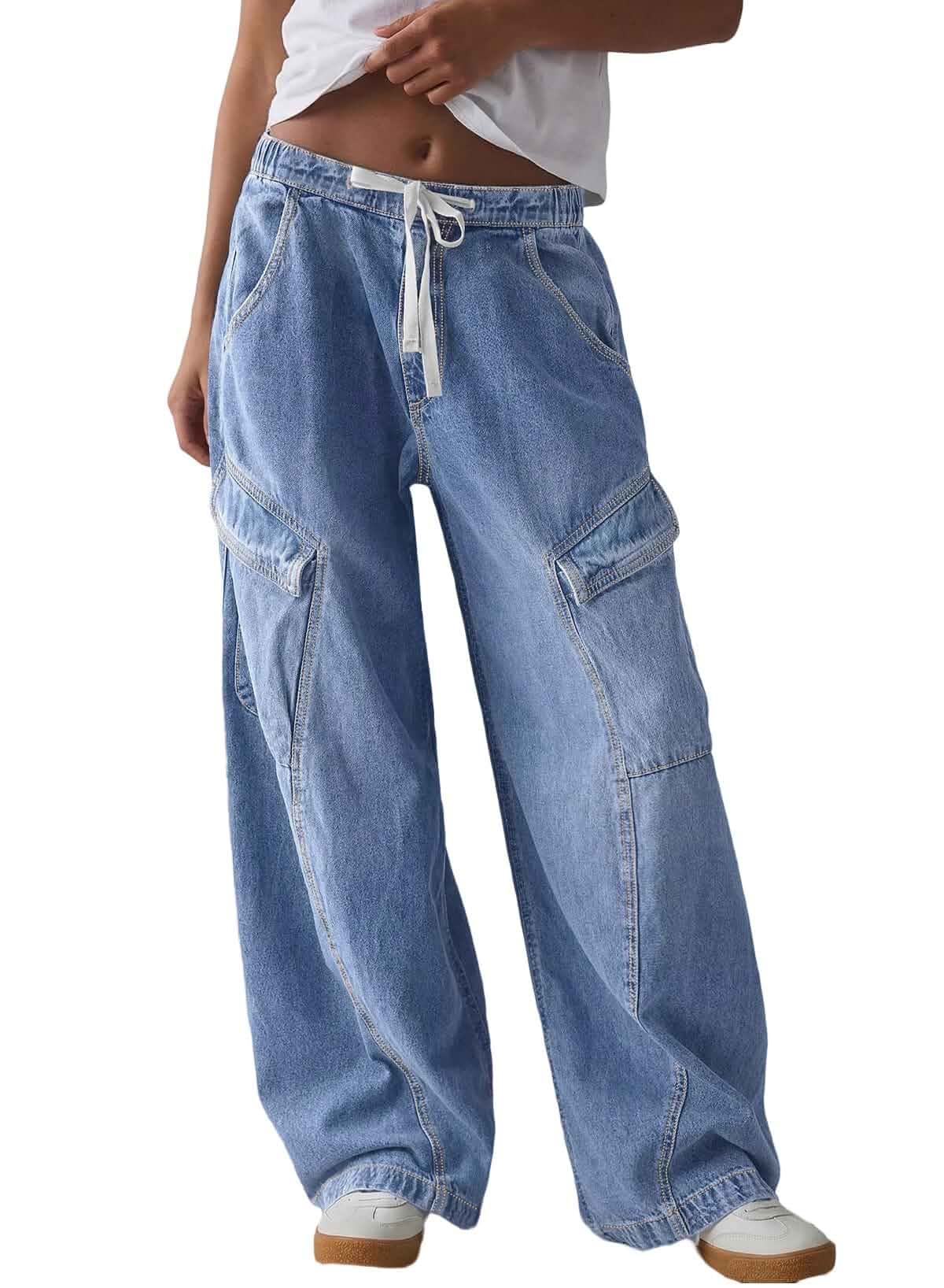 Sidefeel Womens Mid-Low Rise Y2K Boyfriend Baggy Jeans Elastic Drawtring Waistband, Comfy Stretch Denim Pants, Full Length, Wide Leg Cargo Style with 6 Pockets, Casual Street Wear
