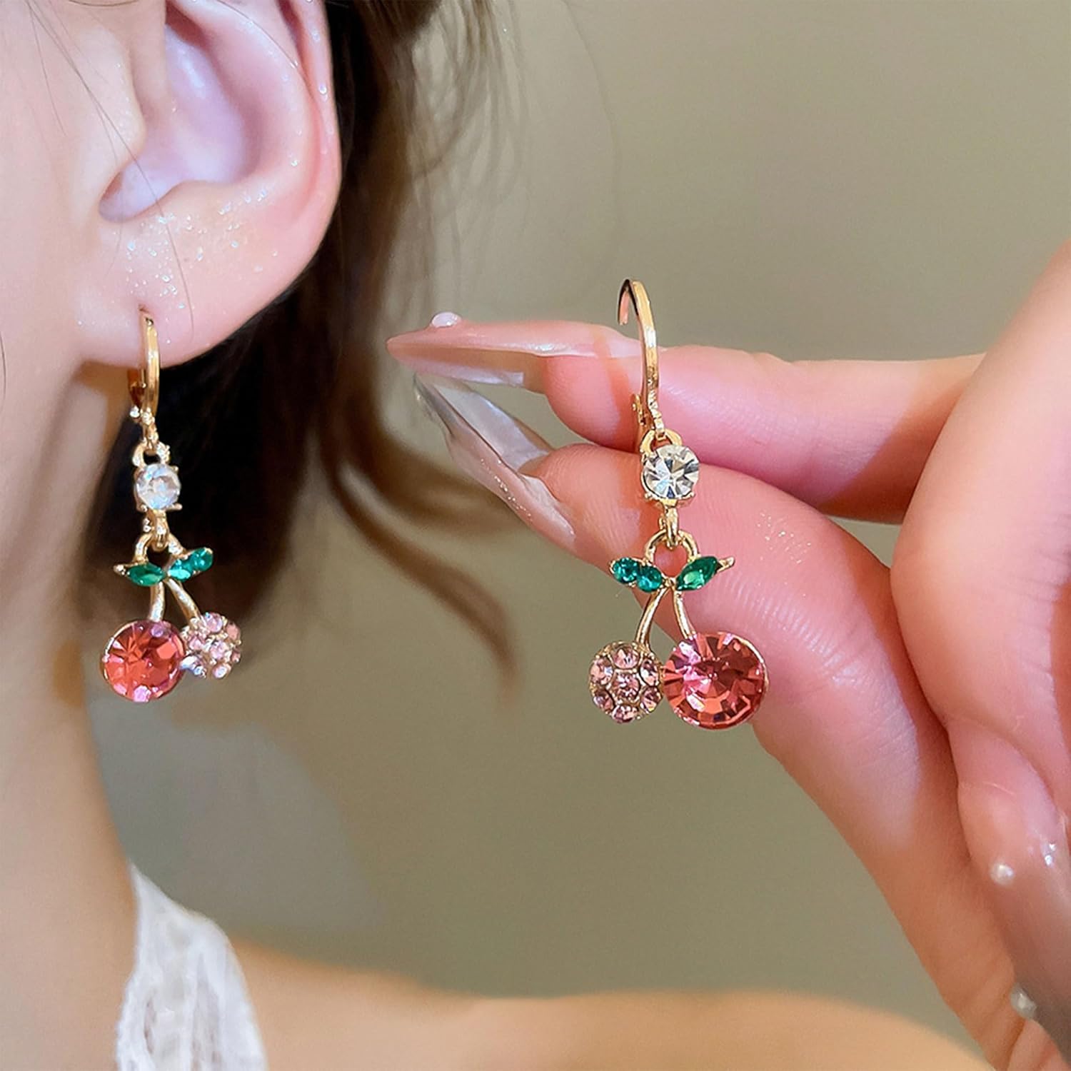 Trendy Cherry Earrings Pink Rhinestone Fruit Earrings Gold Plated Cherry Accessories for Women Hypoallergenic Non Tarnish - Image 7
