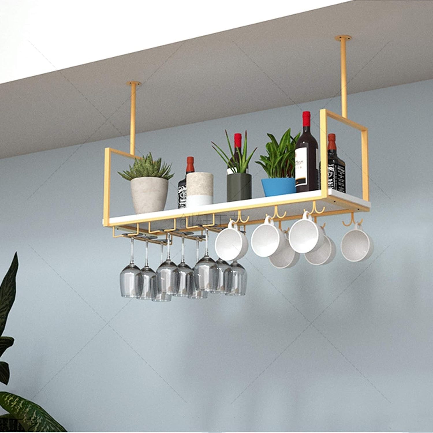 Kitchen Ceiling Rack, Ceiling-Mounted Hanging Utensil Pan Rack Metal Pan Pot Rack Storage Shelves Organiser Rack Flower Shelf, Wood and Metal, White (Size : 100×30×60cm)