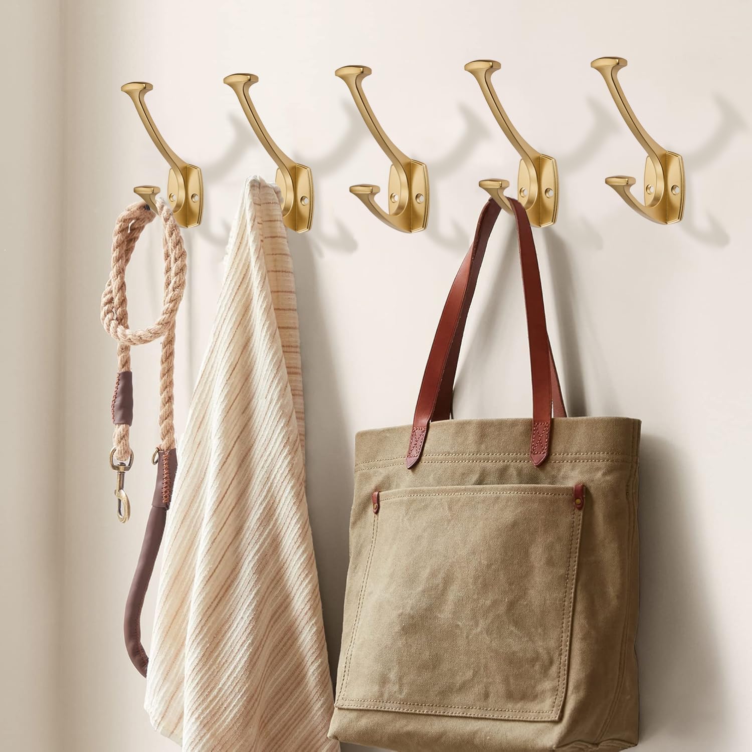 2 Pack Brushed Gold Hooks Decorative Heavy Duty Solid Large Coat Hooks for Towel Hanging Coats Robe Wall Mounted Towel Bags Door Back Bathroom Wall Hook.
