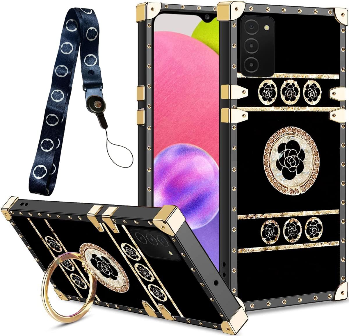 B-wishy for Samsung Galaxy A03s(Us Version) with Kickstand Ring Holder,Square Rivet for Girls Women Crystal Anti- Shock Protective Slim Shockproof TPU Cover Phone Case for Samsung Galaxy A03s(Black)
